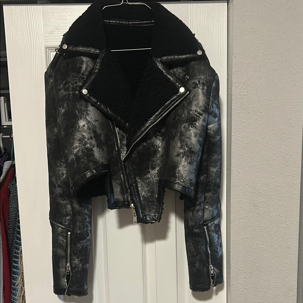 Black and Silver Washed Detail Fur Lined Oversized Lapels Cropped Bomber  Jacket